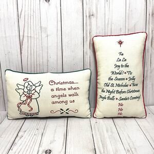 Set of 2 Small Christmas Throw Pillows Embroidered Holiday Angel & Songs